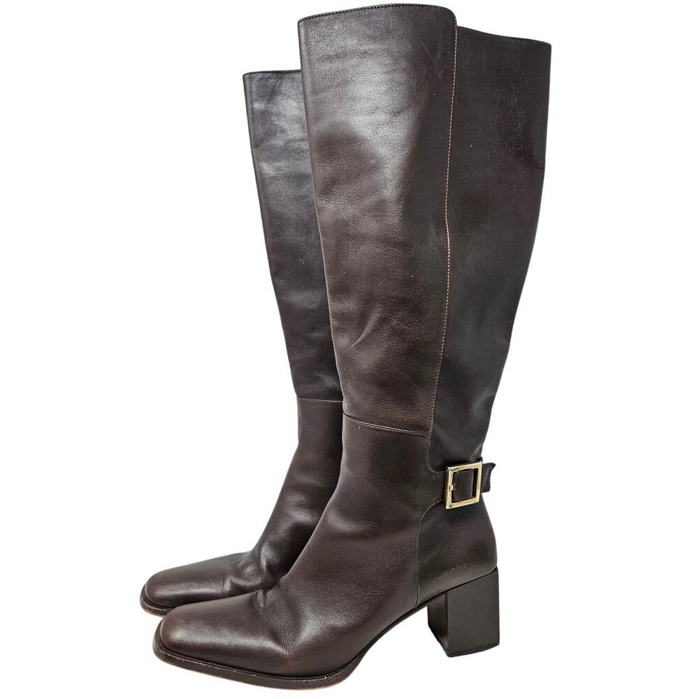 Y2K Sergio Rossi 39.5 Brown Leather Square Toe Chunky Boot Minimalist Whimsygoth
